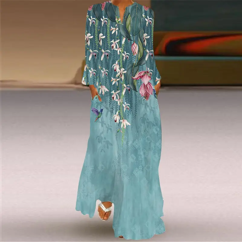 2026 Women's Printed V-Neck Long Sleeve Dress Turquoise - Image 2