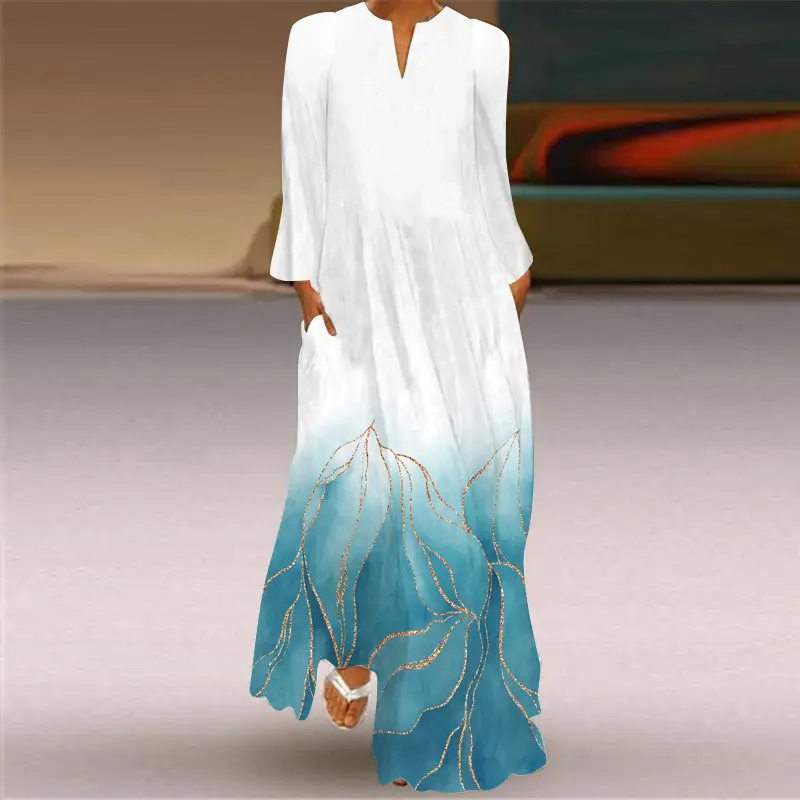 2026 Women's Printed V-Neck Long Sleeve Dress Turquoise - Image 3