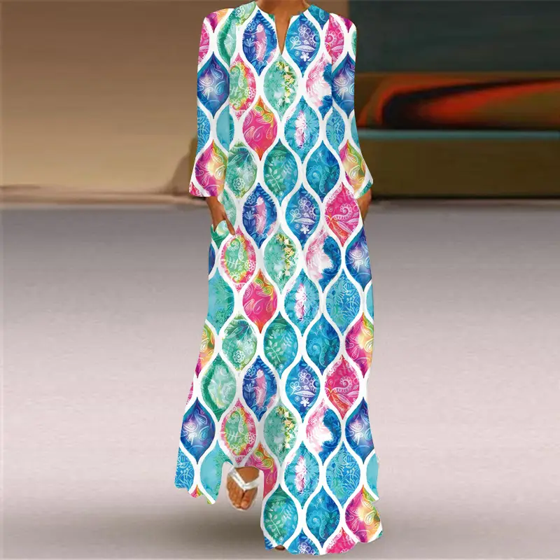 2026 Women's Printed V-Neck Long Sleeve Dress Turquoise - Image 4