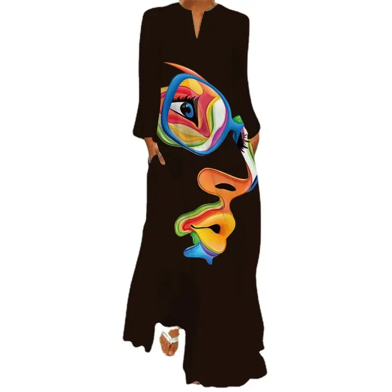 2026 Women's Printed V-Neck Long Sleeve Dress Turquoise - Image 11