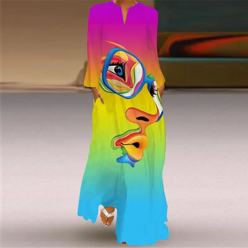 2026 Women's Printed V-Neck Long Sleeve Dress Turquoise - Image 10