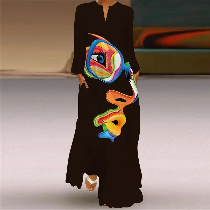 2026 Women's Printed V-Neck Long Sleeve Dress Turquoise - Image 5