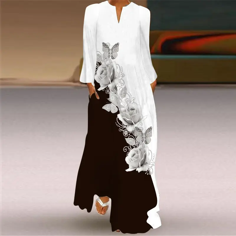 2026 Women's Printed V-Neck Long Sleeve Dress Turquoise - Image 6