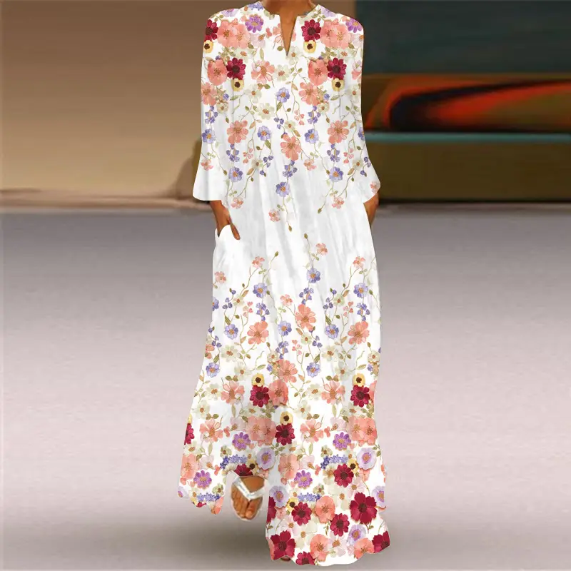 2026 Women's Printed V-Neck Long Sleeve Dress Turquoise - Image 7