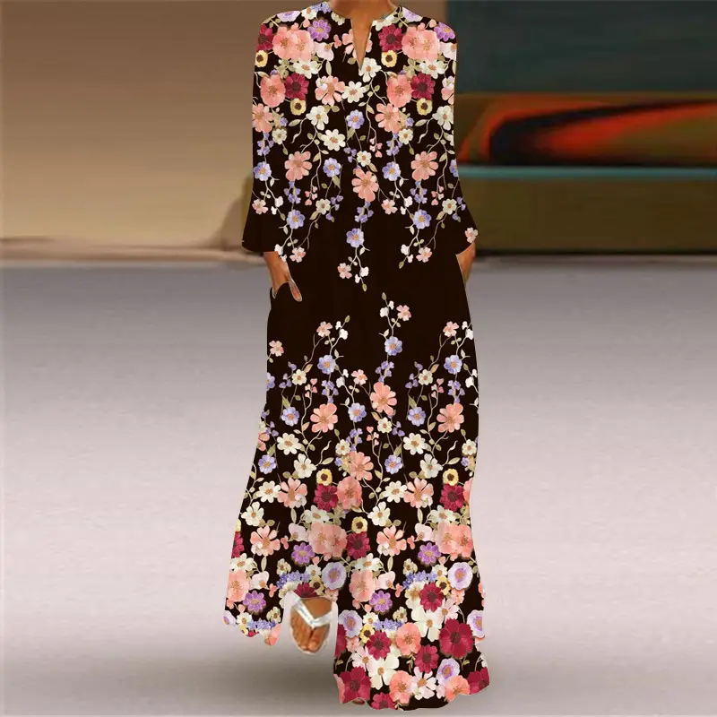 2026 Women's Printed V-Neck Long Sleeve Dress Turquoise - Image 8