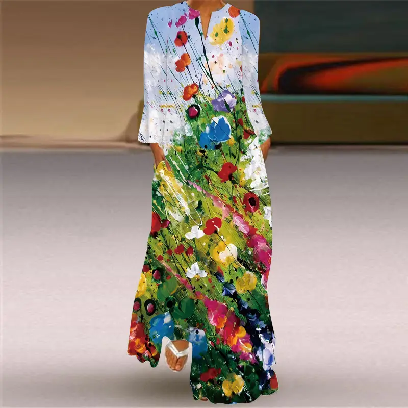 2026 Women's Printed V-Neck Long Sleeve Dress Turquoise - Image 9