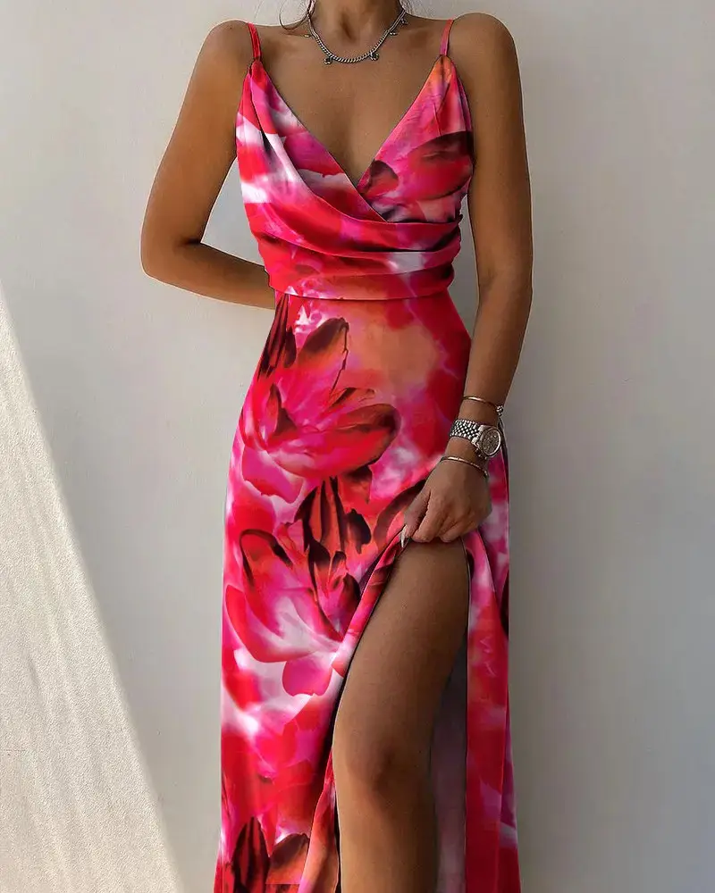 2023 Summer V-Neck Split Printed Strap Dress - Image 5