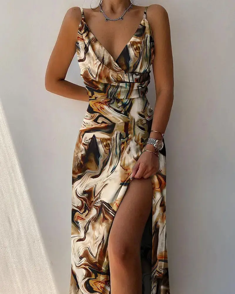 2023 Summer V-Neck Split Printed Strap Dress - Image 8