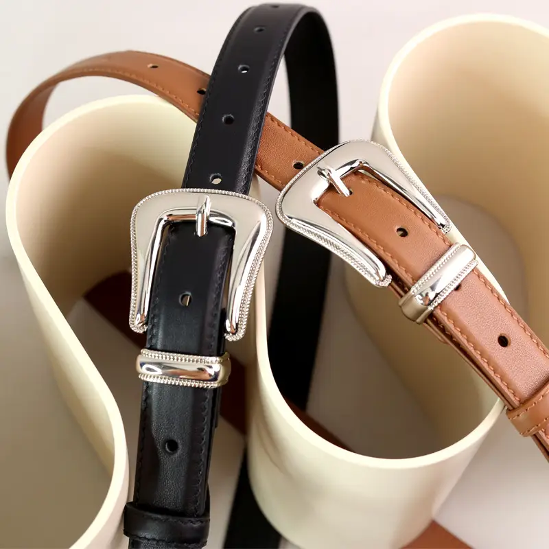 Black Leather Belt with Silver Buckle for Women - Image 4