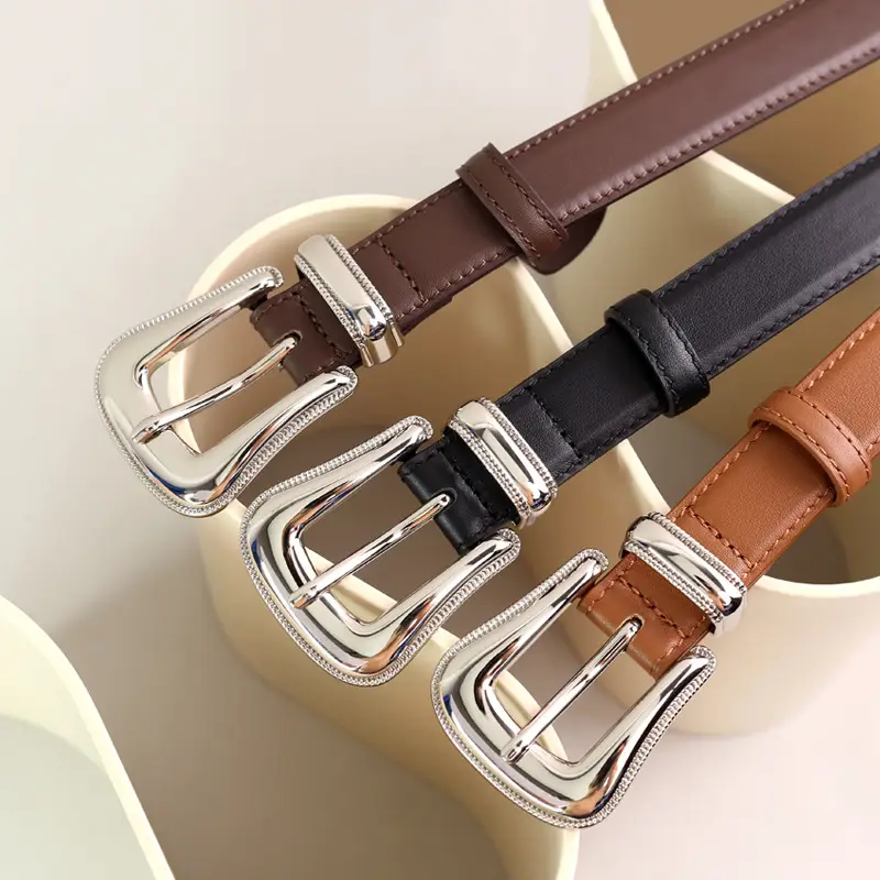 Black Leather Belt with Silver Buckle for Women - Image 5