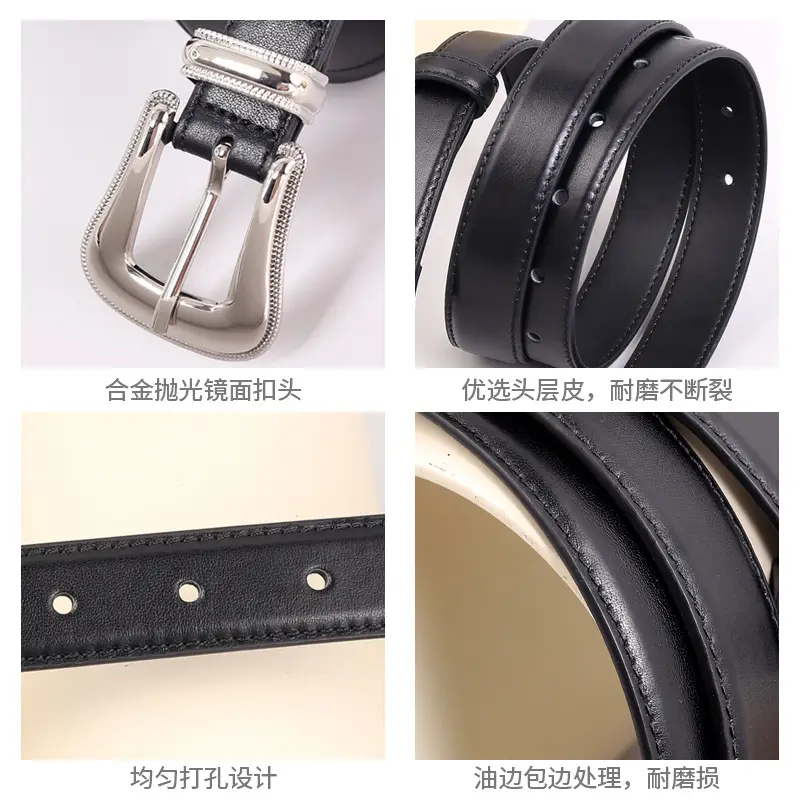 Black Leather Belt with Silver Buckle for Women - Image 7