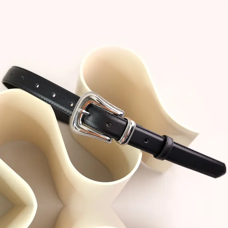 Black Leather Belt with Silver Buckle for Women