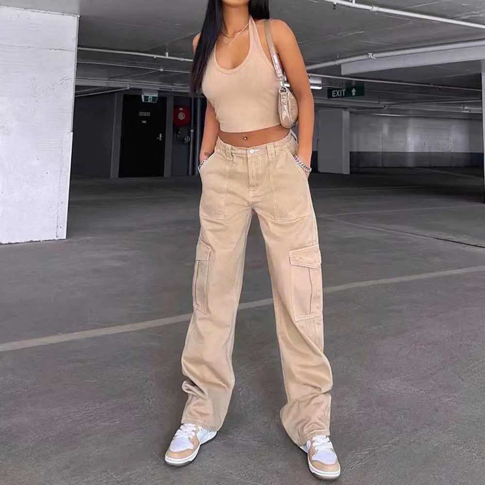 2023 Women's High Waist Pocket Pants Brown Cotton Casual Set - Image 6