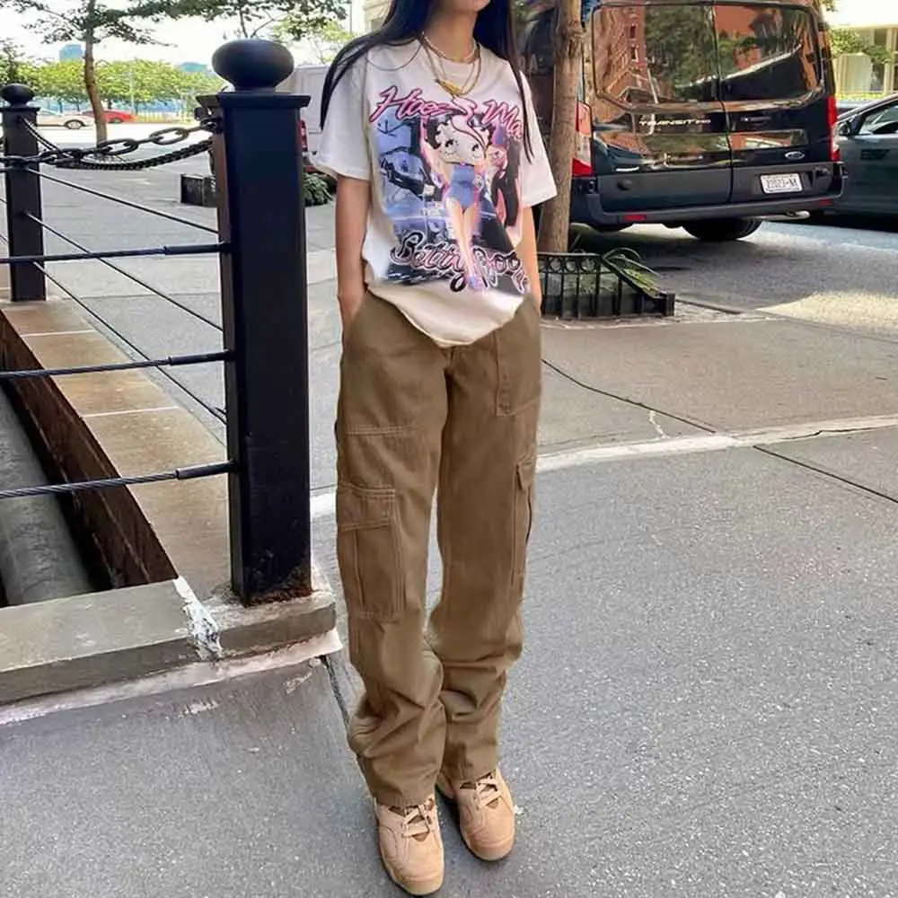 2023 Women's High Waist Pocket Pants Brown Cotton Casual Set - Image 7