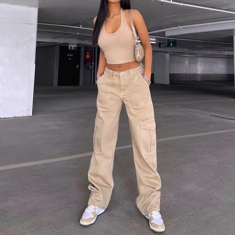 2023 Women's High Waist Pocket Pants Brown Cotton Casual Set — feature 1
