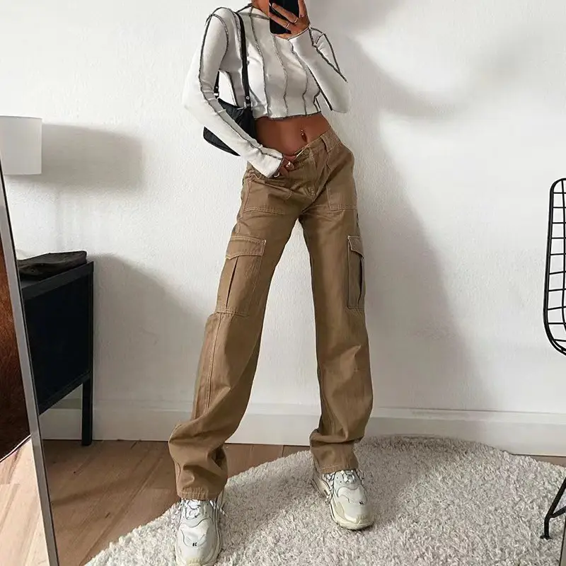 2023 Women's High Waist Pocket Pants Brown Cotton Casual Set — feature 10