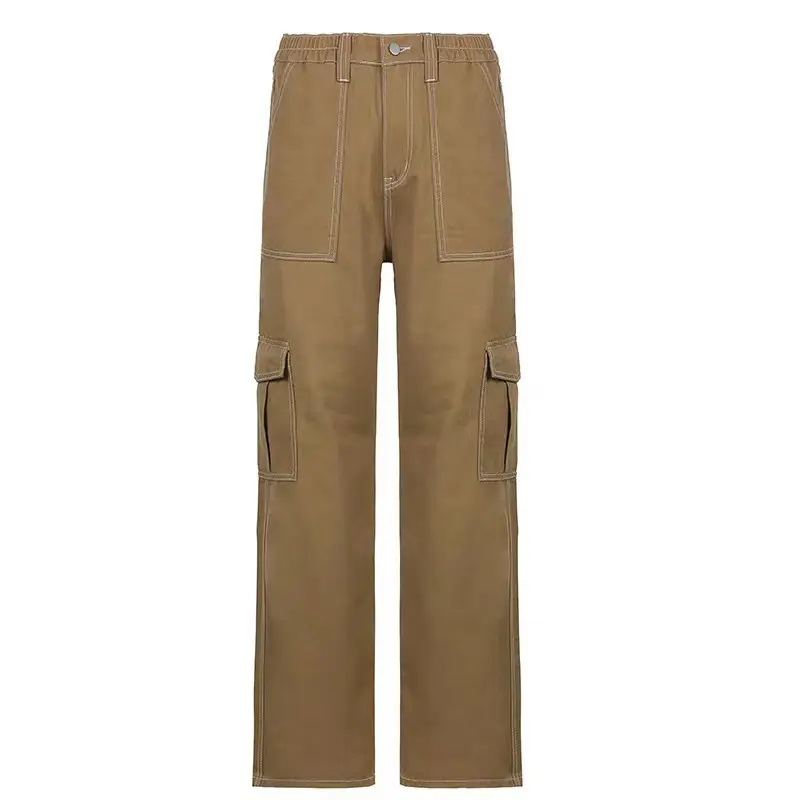 2023 Women's High Waist Pocket Pants Brown Cotton Casual Set — feature 12