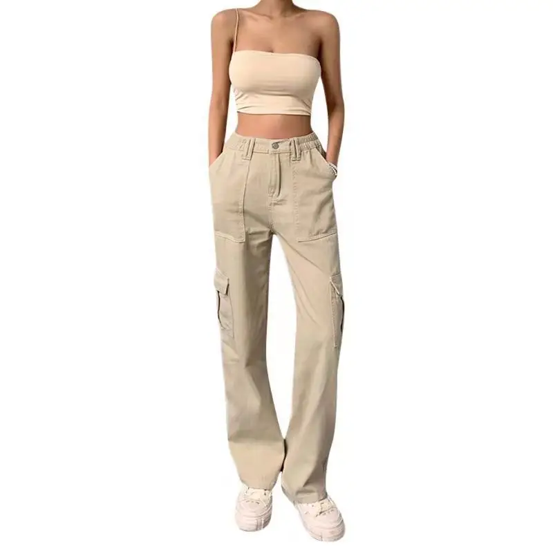 2023 Women's High Waist Pocket Pants Brown Cotton Casual Set — feature 20
