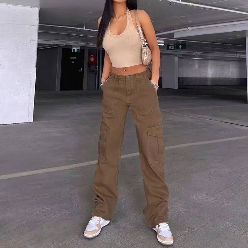 2023 Women's High Waist Pocket Pants Brown Cotton Casual Set — feature 3