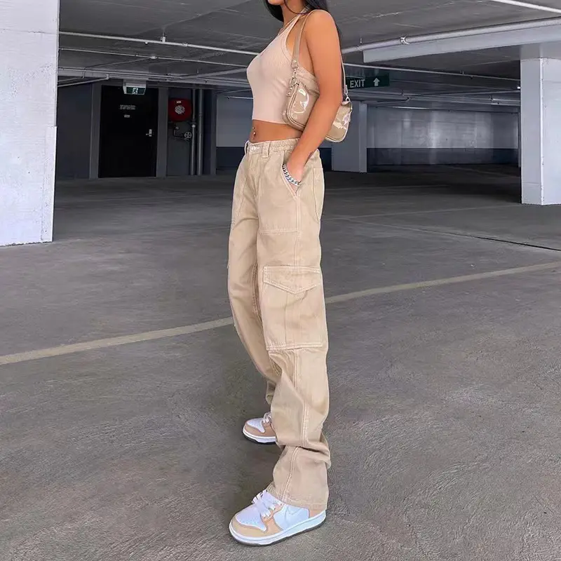 2023 Women's High Waist Pocket Pants Brown Cotton Casual Set — feature 7