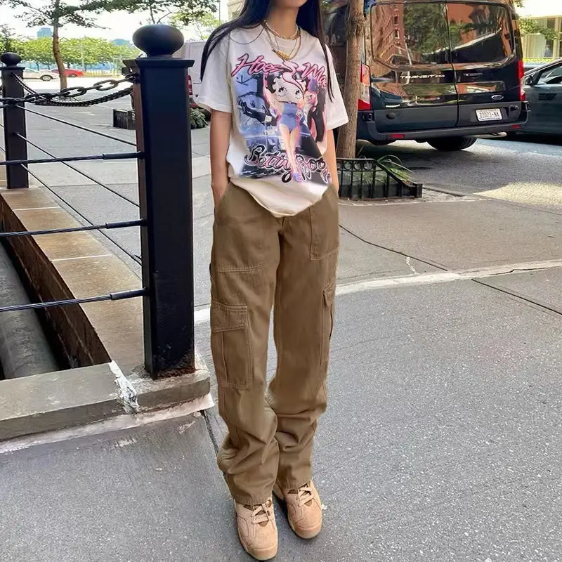 2023 Women's High Waist Pocket Pants Brown Cotton Casual Set — feature 9