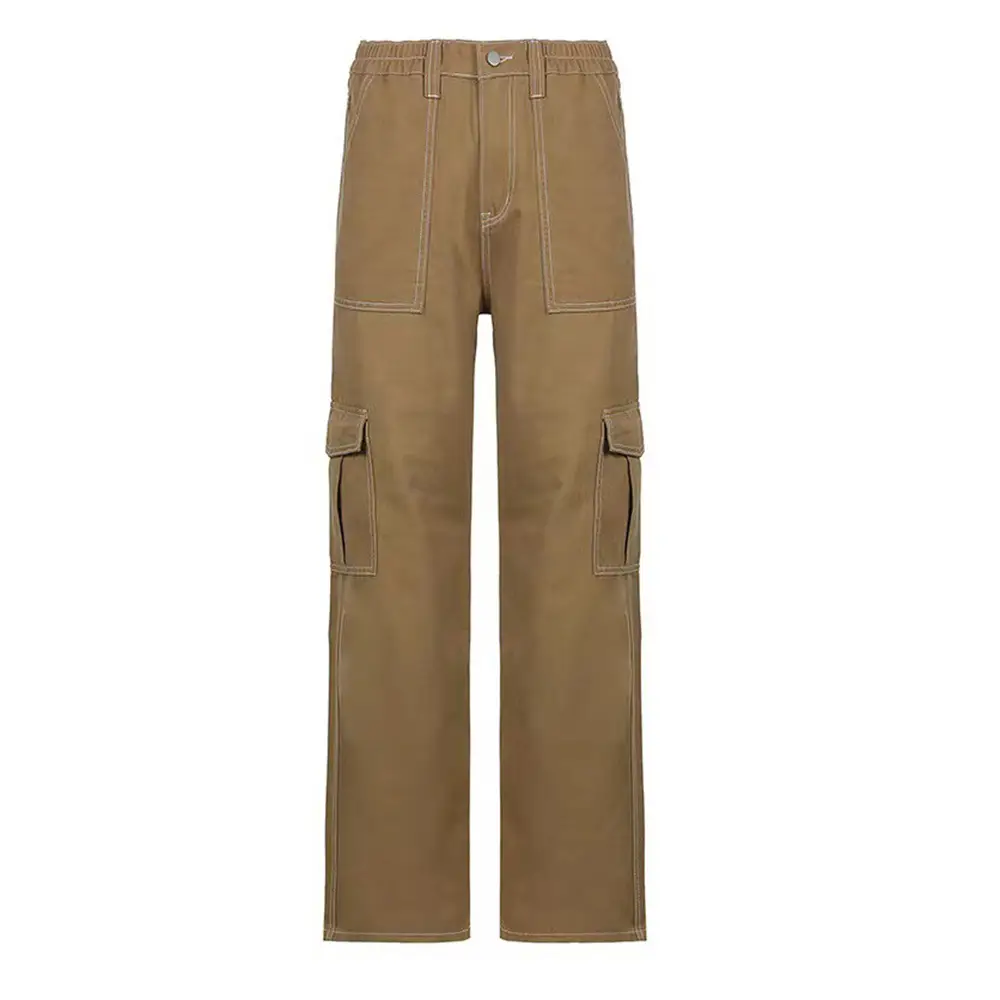 2023 Women's High Waist Pocket Pants Brown Cotton Casual Set - Image 2