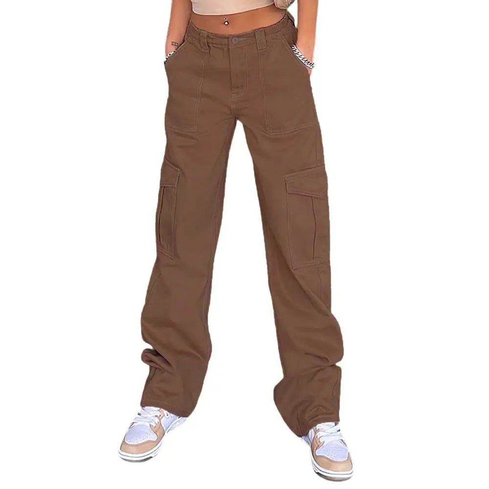 2023 Women's High Waist Pocket Pants Brown Cotton Casual Set - Image 3