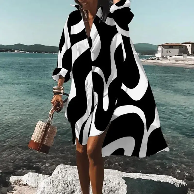 Women's Black White Abstract Print Dress Large Size — feature 10