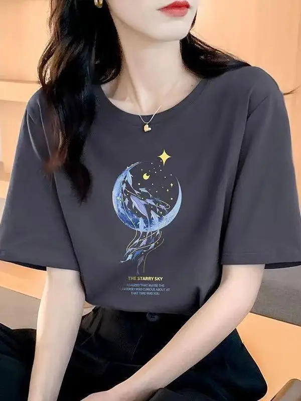 Loose Cotton Short-Sleeved T-Shirt for Women, New Summer Wear, Inner Top, Right Shoulder Design, Sweatshirt for Women, Round Neck, Spring & Fall