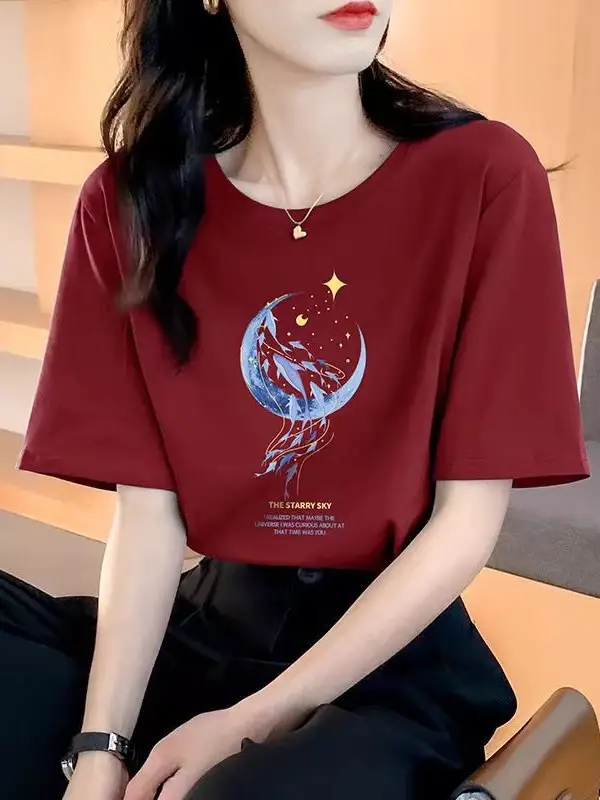 Loose Cotton Short-Sleeved T-Shirt for Women, New Summer Wear, Inner Top, Right Shoulder Design, Sweatshirt for Women, Round Neck, Spring & Fall