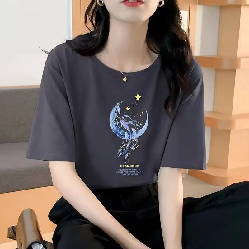 Loose Cotton Short-Sleeved T-Shirt for Women, New Summer Wear, Inner Top, Right Shoulder Design, Sweatshirt for Women, Round Neck, Spring & Fall — feature 7