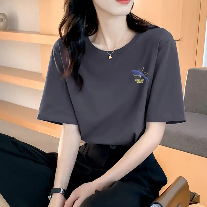 Loose Cotton Short-Sleeved T-Shirt for Women, New Summer Wear, Inner Top, Right Shoulder Design, Sweatshirt for Women, Round Neck, Spring & Fall