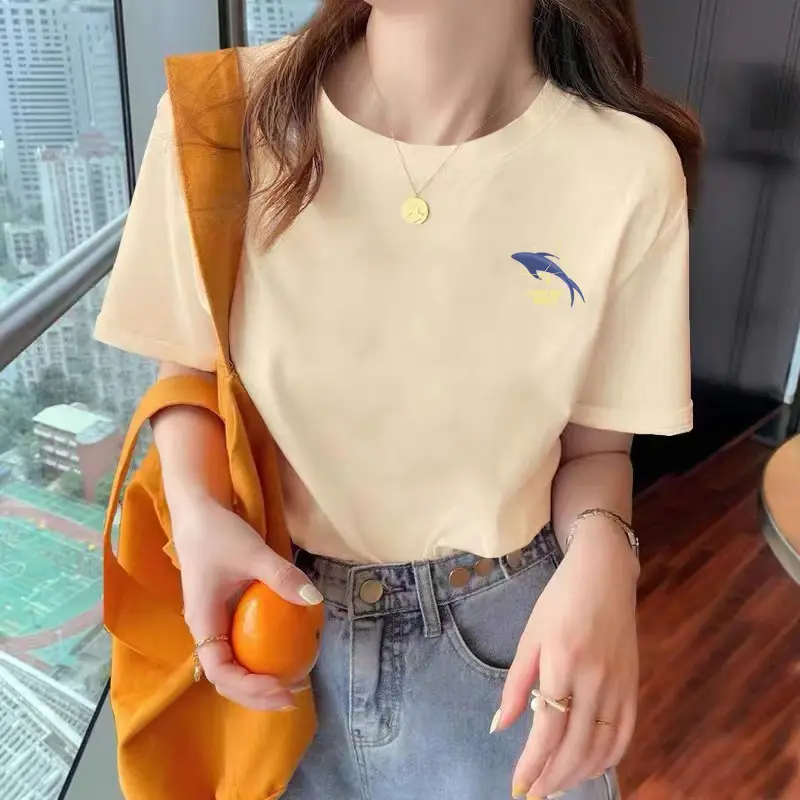 Loose Cotton Short-Sleeved T-Shirt for Women, New Summer Wear, Inner Top, Right Shoulder Design, Sweatshirt for Women, Round Neck, Spring & Fall