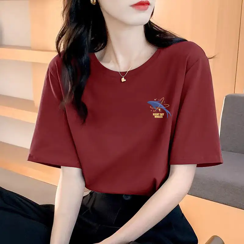 Loose Cotton Short-Sleeved T-Shirt for Women, New Summer Wear, Inner Top, Right Shoulder Design, Sweatshirt for Women, Round Neck, Spring & Fall