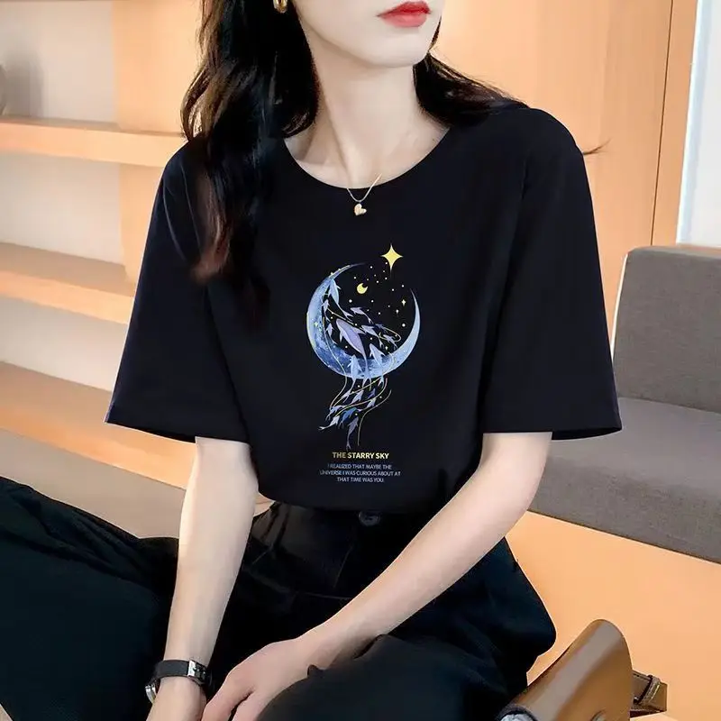 Loose Cotton Short-Sleeved T-Shirt for Women, New Summer Wear, Inner Top, Right Shoulder Design, Sweatshirt for Women, Round Neck, Spring & Fall