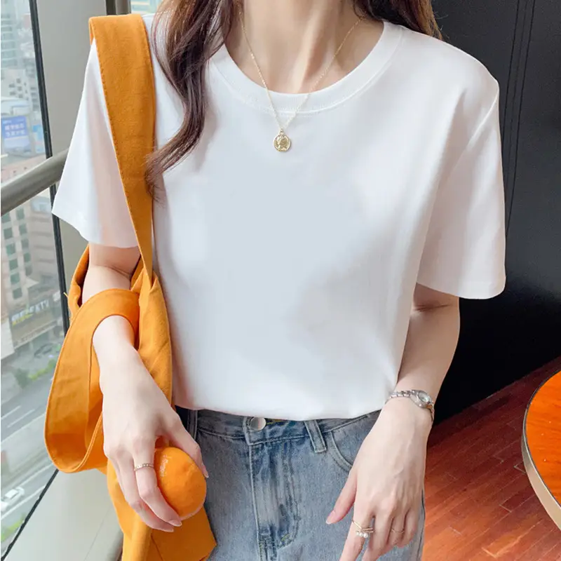 Loose Cotton Short-Sleeved T-Shirt for Women, New Summer Wear, Inner Top, Right Shoulder Design, Sweatshirt for Women, Round Neck, Spring & Fall