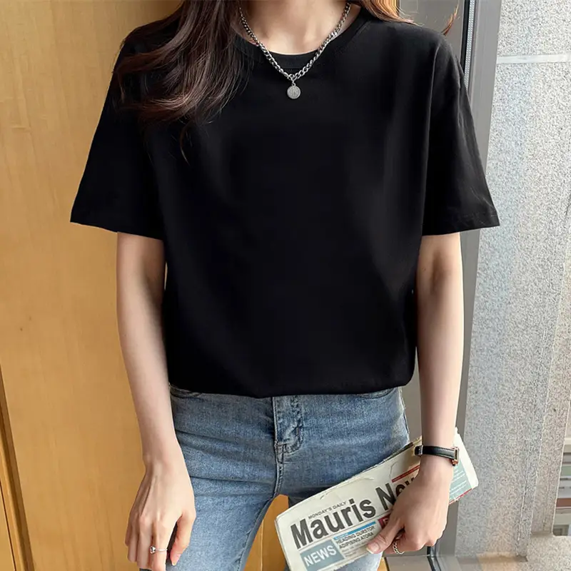 Loose Cotton Short-Sleeved T-Shirt for Women, New Summer Wear, Inner Top, Right Shoulder Design, Sweatshirt for Women, Round Neck, Spring & Fall