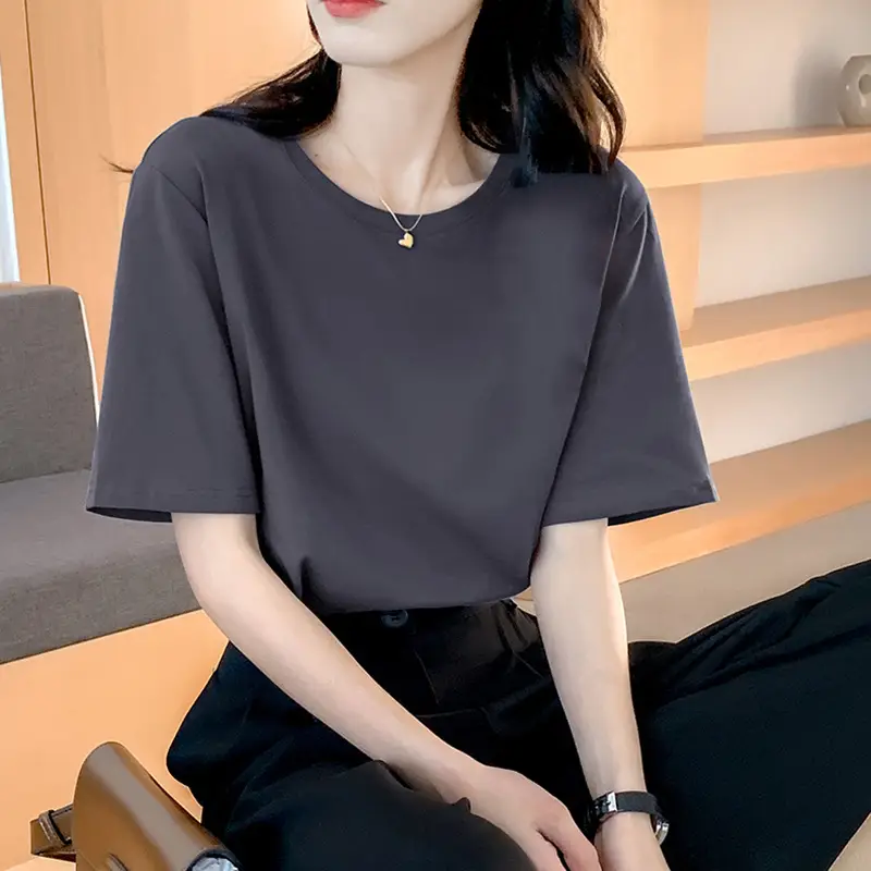 Loose Cotton Short-Sleeved T-Shirt for Women, New Summer Wear, Inner Top, Right Shoulder Design, Sweatshirt for Women, Round Neck, Spring & Fall
