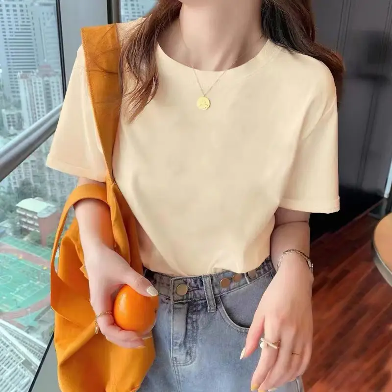 Loose Cotton Short-Sleeved T-Shirt for Women, New Summer Wear, Inner Top, Right Shoulder Design, Sweatshirt for Women, Round Neck, Spring & Fall