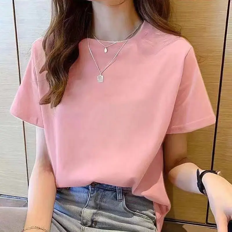 Loose Cotton Short-Sleeved T-Shirt for Women, New Summer Wear, Inner Top, Right Shoulder Design, Sweatshirt for Women, Round Neck, Spring & Fall