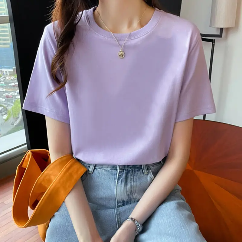 Loose Cotton Short-Sleeved T-Shirt for Women, New Summer Wear, Inner Top, Right Shoulder Design, Sweatshirt for Women, Round Neck, Spring & Fall