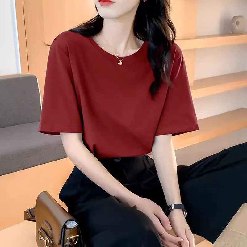 Loose Cotton Short-Sleeved T-Shirt for Women, New Summer Wear, Inner Top, Right Shoulder Design, Sweatshirt for Women, Round Neck, Spring & Fall