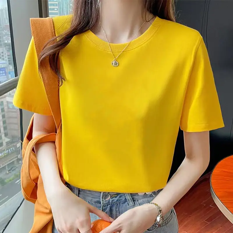 Loose Cotton Short-Sleeved T-Shirt for Women, New Summer Wear, Inner Top, Right Shoulder Design, Sweatshirt for Women, Round Neck, Spring & Fall