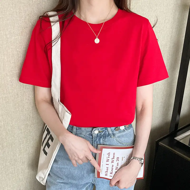Loose Cotton Short-Sleeved T-Shirt for Women, New Summer Wear, Inner Top, Right Shoulder Design, Sweatshirt for Women, Round Neck, Spring & Fall