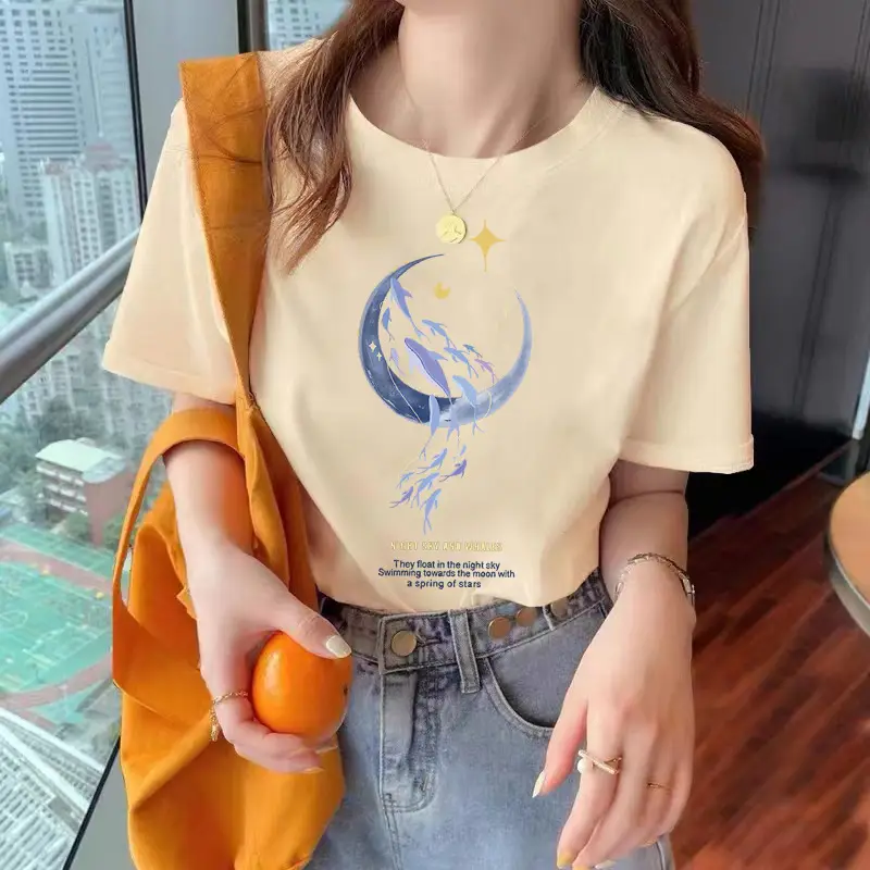 Loose Cotton Short-Sleeved T-Shirt for Women, New Summer Wear, Inner Top, Right Shoulder Design, Sweatshirt for Women, Round Neck, Spring & Fall