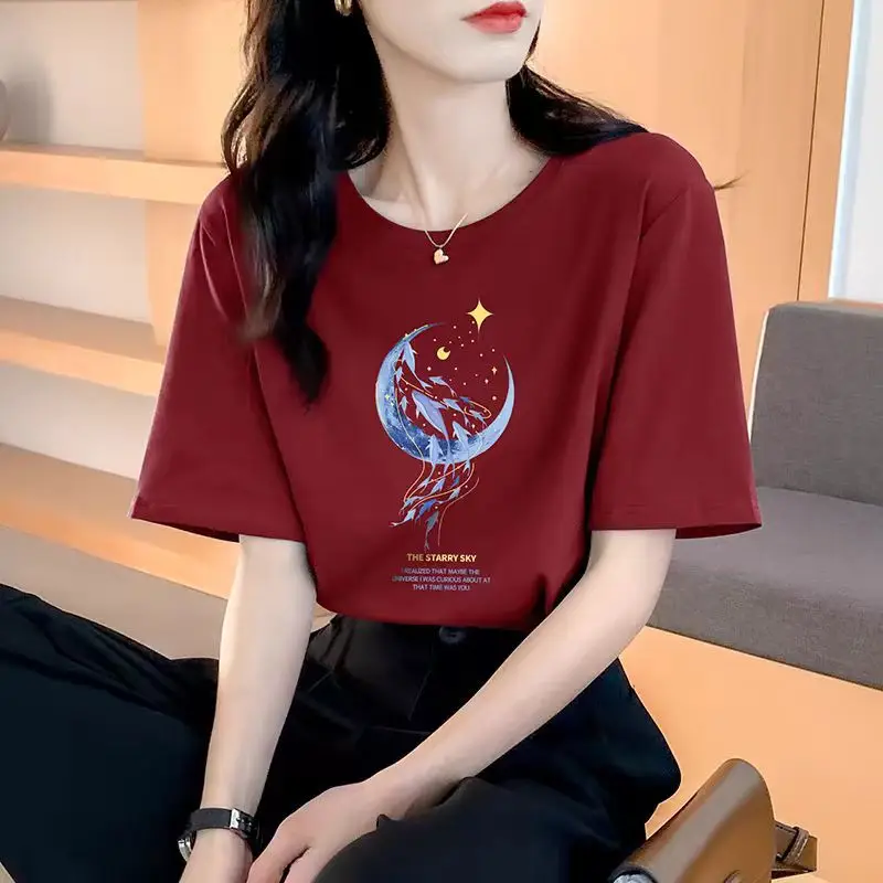 Loose Cotton Short-Sleeved T-Shirt for Women, New Summer Wear, Inner Top, Right Shoulder Design, Sweatshirt for Women, Round Neck, Spring & Fall