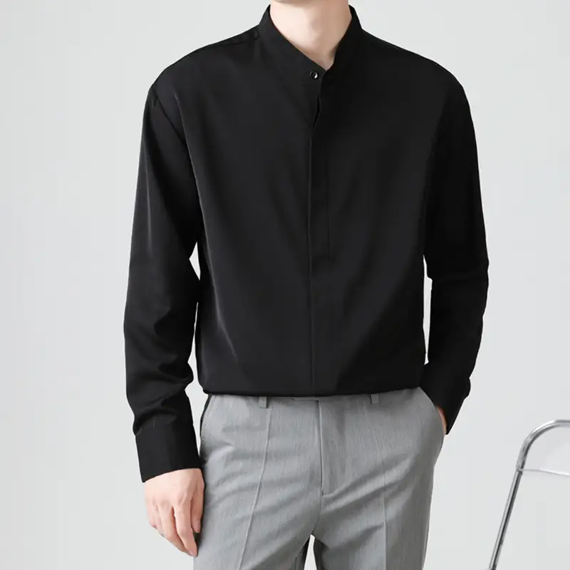 Men's Black Round Neck Long Sleeve Shirt - Image 2