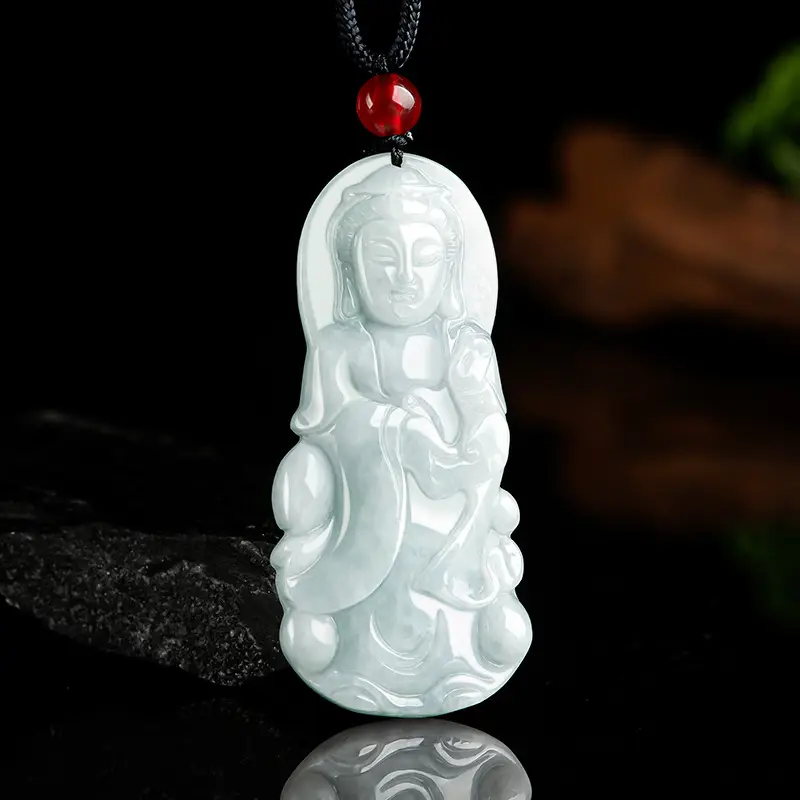 Natural Burma Jade Guanyin Pendant with Red Chain - Image 2