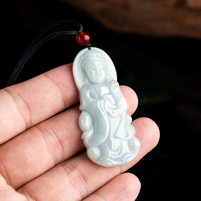 Natural Burma Jade Guanyin Pendant with Red Chain - Image 3