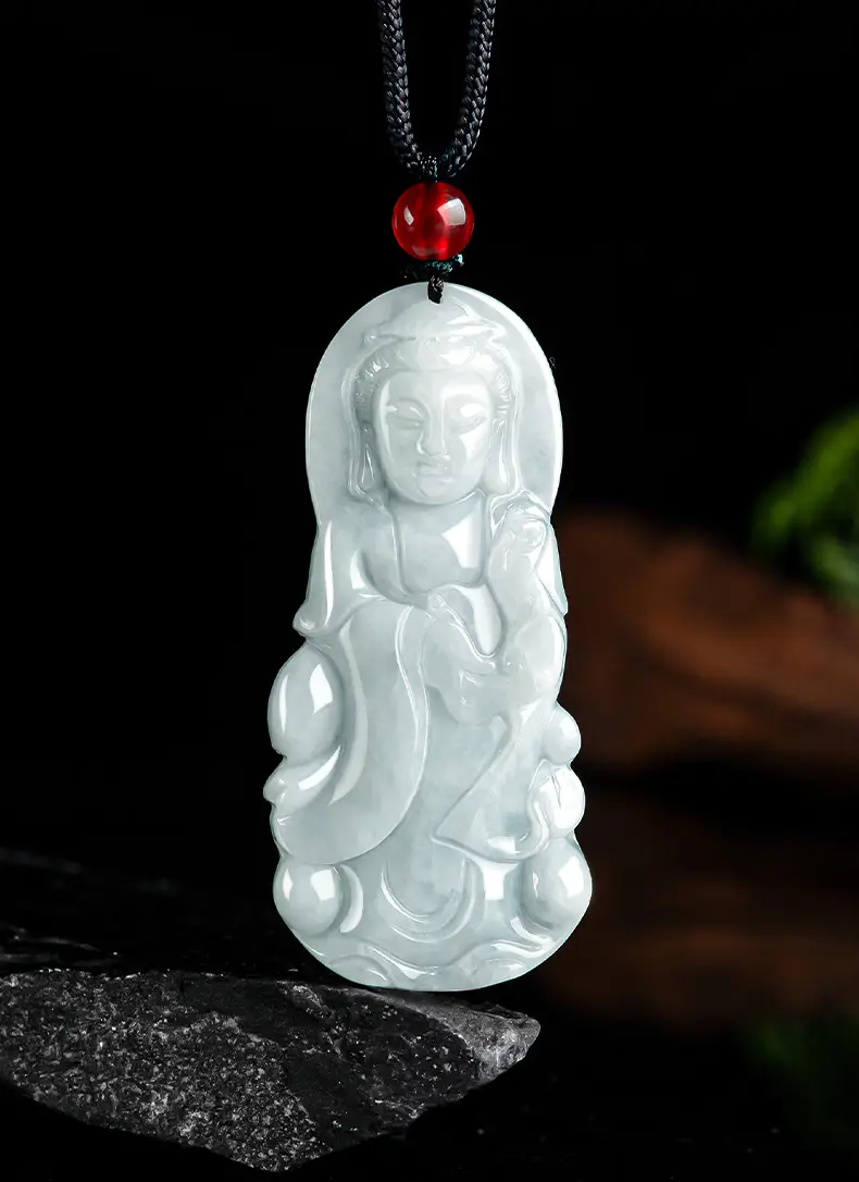 Natural Burma Jade Guanyin Pendant with Red Chain — feature 1
